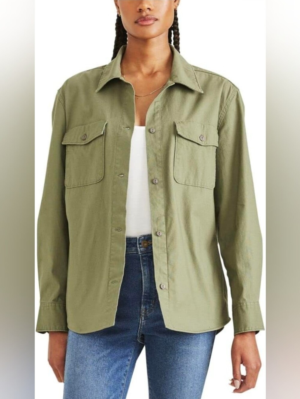 NWT Dockers Womens Relaxed Fit Long Sleeve Utility Shirt Jacket Camo Green